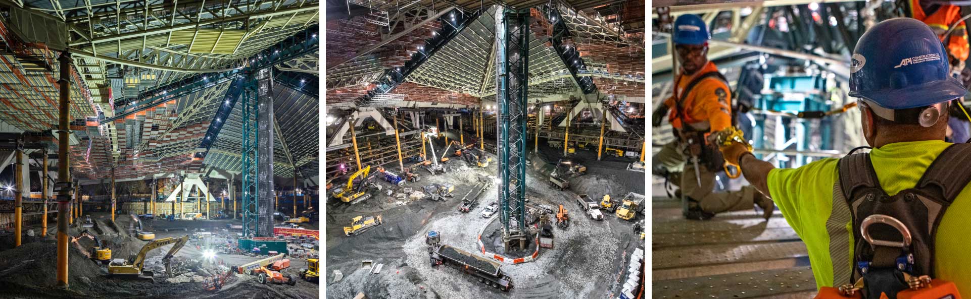 3 images of scaffolding being set up